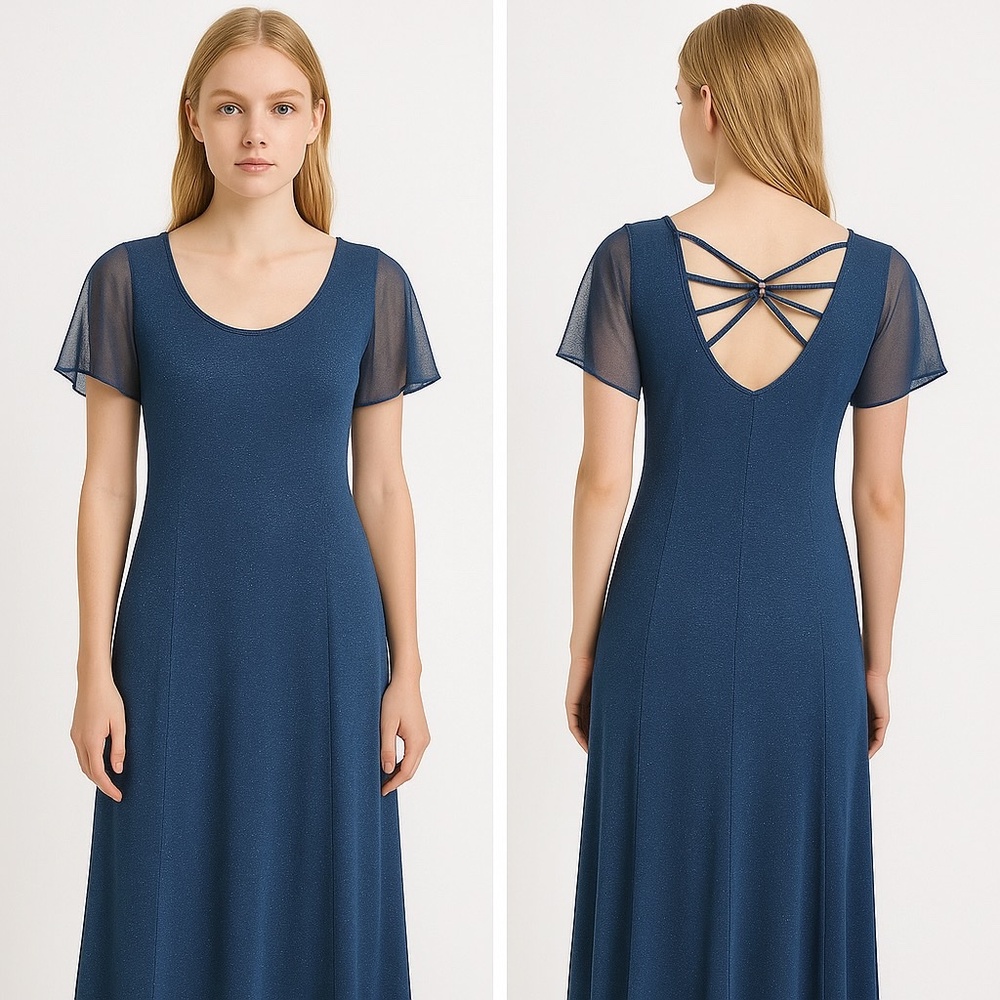 Social Circles Metallic Blue Evening Gown – Size 12
